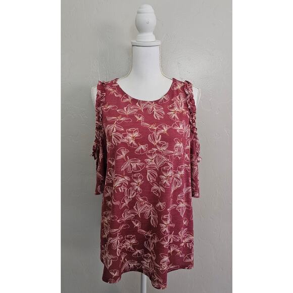 LC Lauren Conrad Pink Red Floral Cold Shoulder Blouse - Picture 2 of 8